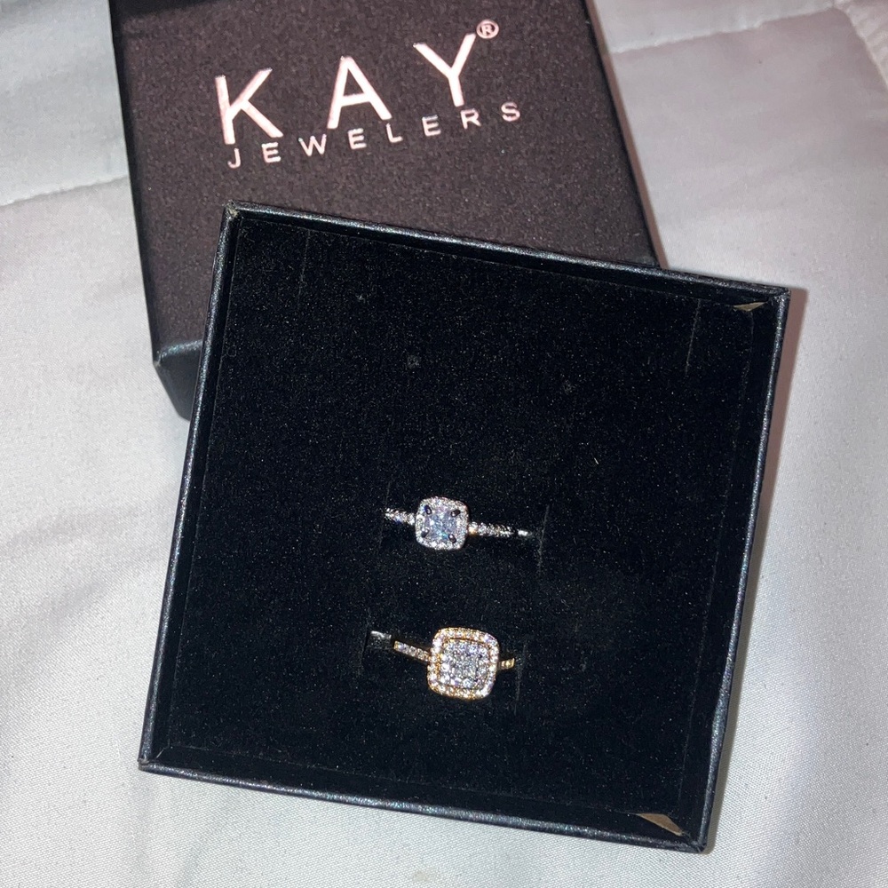 Kay Jewelers Silver and Gold Square Halo Rings
